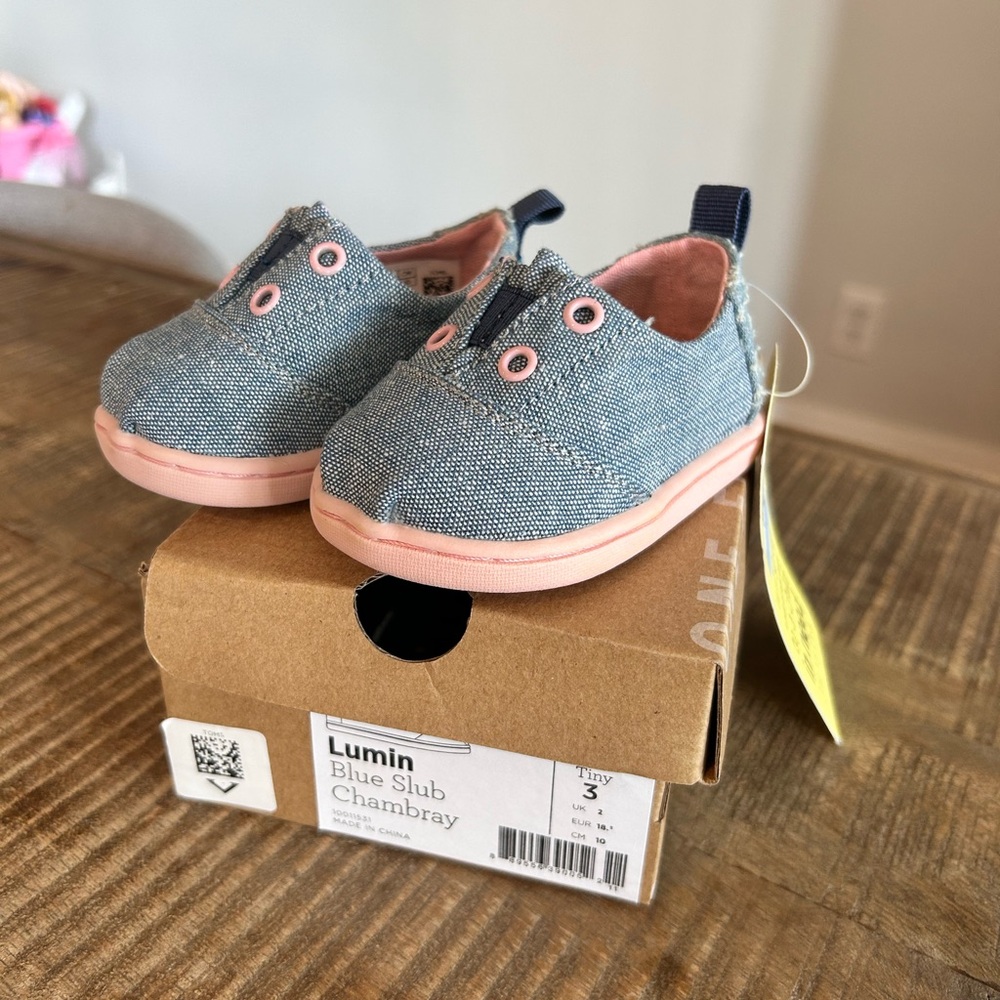 Toms Chambray and Pink Kids Sneakers